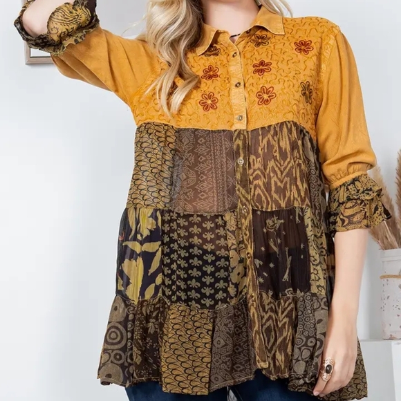 #116 NWT Young Threads Camel Earthy Boho Patchwork Tiered Top Woman Size L - Picture 13 of 16